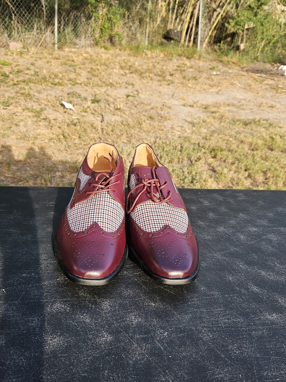 Men's Burgundy Wingtip Dress Shoes with Houndstooth Panel